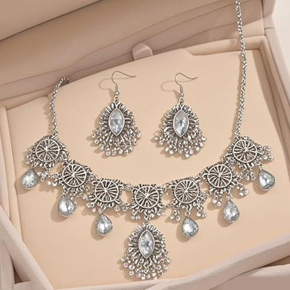 Frodete Indian Jewelry Sets for Women Traditional Bohemian Wedding Jewelry Set Indian Dresses for Women Oxidized Ethnic Party Prom Wear - color: D1: SILVER WHITE