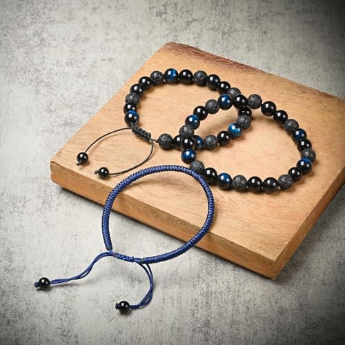 SAMXY Triple Protection Bracelet, 8mm Healing Crystal Bead Bracelet, 3pcs Blue Red Tiger's Eye Obsidian Hematite Bracelet Women Men - color: 3pcs-Blue