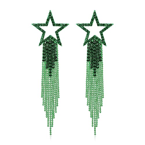EVER FAITH Crystal Long Waterfall Star Tassel Clip-on Earrings for Women | Rhinestone Beaded Fringe Chandelier Dangle Statement Earring, Wedding Party Jewelry - color: Green Green-Tone