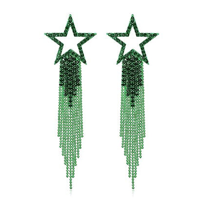 EVER FAITH Crystal Long Waterfall Star Tassel Clip-on Earrings for Women | Rhinestone Beaded Fringe Chandelier Dangle Statement Earring, Wedding Party Jewelry - color: Green Green-Tone