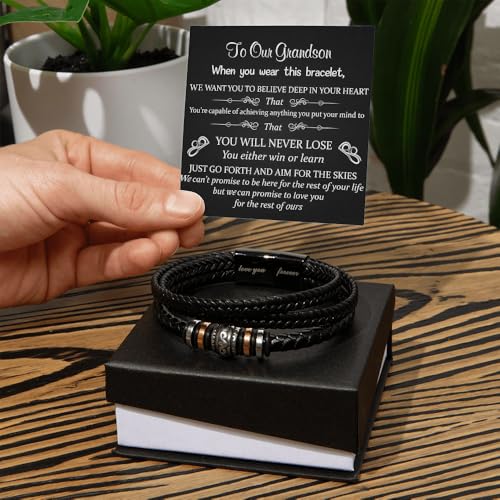 To Our Grandson Bracelet from Grandpa and Grandma - Love You Forever Engraved Leather Wristband with Inspirational Message Card - Sentimental Birthday Graduation Gift for Men, Teen - color: Version-04