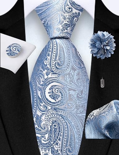 GUSLESON 3.15"（8cm） Mens Tie and Lapel Pin Paisley Necktie Hankerchief Cufflinks Set for Men - color: Dusty Blue