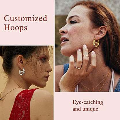 FindChic Chunky Hoop Earrings for Women, Silver/Black/14K Gold Plated Crossover Patterned Hollow Tube Rounded Loop Earrings, 30mm/40mm/60mm/80mm Hoops with Custom Name Options and Gift Box - color: f.Gold (Custom Name), size: 30MM