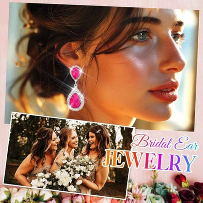Unicra Silver Rhinestone Teardrop Earrings Crystal Wedding Bridal Dangle Earrings Prom Drop Earrings for Women and Brides - color: Hot Red