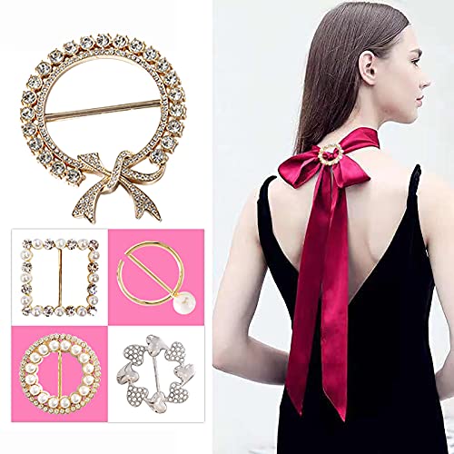 Scarf Tie Buckle Rings for Women,12PCS Metal Party T Shirt Pearls Rhinestone Clips,Clothes Corner Knotted Button for Women Girls Decorative Accessories TXZWJZ