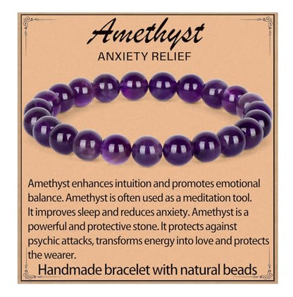 LPBeads Handmade Natural Gemstone Stretch Elastic Bracelet Healing Crystal Round Stone Beads Jewelry Gifts for Women Men - color: Amethyst, size: 8mm