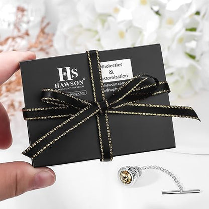 HAWSON Mens Tie Tack with Chain Round Crystal Wedding Business Accessories - color: Silver + Champagne