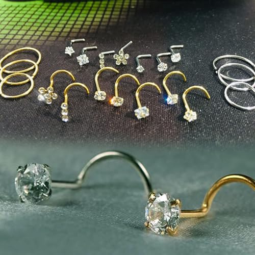Nose Rings & Studs - 18g, 20g, 22g 14K Gold Bone Nose Studs for Women in Titanium Steel - color: 20g 10pcs Gold Bone 316L Surgical Steel