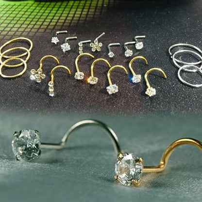 Nose Rings & Studs - 18g, 20g, 22g 14K Gold Bone Nose Studs for Women in Titanium Steel - color: 20g 10pcs Gold Bone 316L Surgical Steel