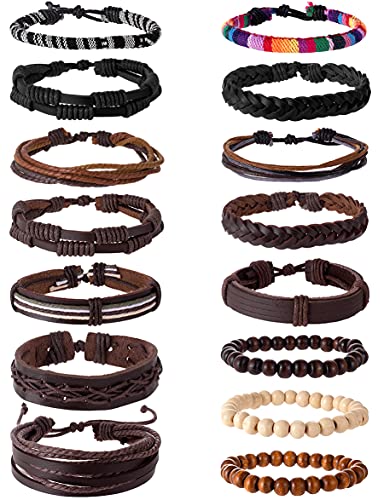 Tornito 15Pcs Braided Leather Bracelet Boho Cuff Wrap String Wood Bead Woven Ethnic Stretch Wristbands Bracelets Set for Men Women Size Adjustable - style: A:15Pcs(Brown)