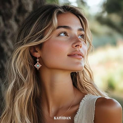 Boho Turquoise Dangle Earrings For Women Trendy,Western Blue Gemstone Drop Earings,Vintage Gothic Ethnic Statement Beach Vacation Long Birthstone Earrings with Leaf Teardrop Turquoise Crystal Tassels,Fashion Jewelry Birthday Gift. - style: A7 Mums Bronze