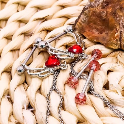 VERAMI 14G 316L Double Chain Connecting Heart CZ Nipple Rings Stainless Steel Skull Angel Piercing Barbell Body Pierced Jewelry for Women - color: Red CZ
