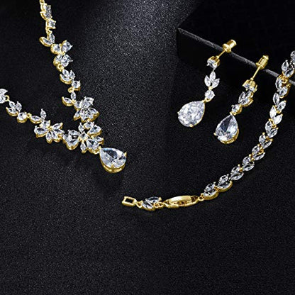 Jewelry Set for Women, Necklace Dangle Earrings Bracelet Set with White AAA Cubic Zirconia, Allergy Free Wedding Party Jewelry for Bridal Bridesmaid - color: Necklace + Earrings + Bracelet- gold plated