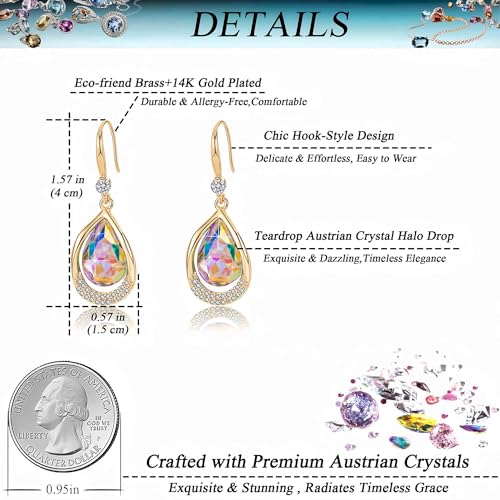 Austrian Crystal Halo Teardrop Hollow Drop Dangle Earrings for Women 14K Rose Gold Plated Hypoallergenic Jewelry Gifts - color: Aurora Borealis