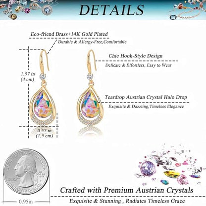 Austrian Crystal Halo Teardrop Hollow Drop Dangle Earrings for Women 14K Rose Gold Plated Hypoallergenic Jewelry Gifts - color: Aurora Borealis