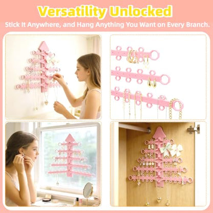 5-Tier Hanging Jewelry Organizer, Wall Mounted Earring Necklace Holder with Multiple Hooks, Space-Saving Display Rack for Earrings Necklaces Bracelets Rings (Pink)