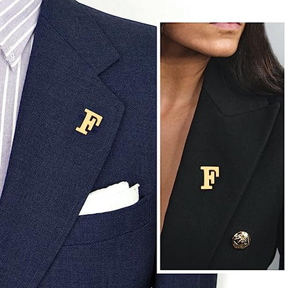 Initial Lapel Pin for Men Women, Brooch Pins for Men Suits, Metal Button Pins in 18K Gold and Silver Tone. - color: Gold-F