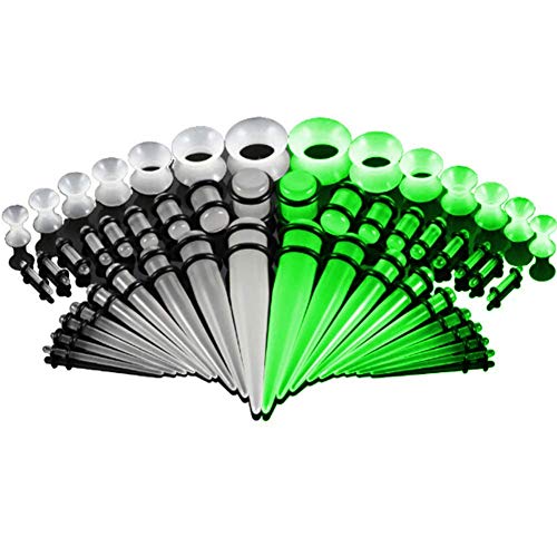 50-Piece Ear Gauges Stretching Kit, 14G-00G | Acrylic tapers and plugs with soft silicone tunnels, body piercing jewelry for women and men - color: Glow in the Dark
