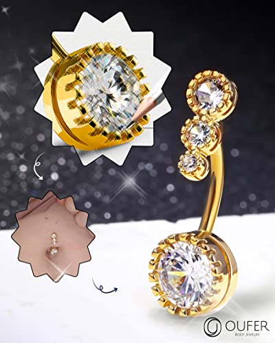 OUFER 316L Surgical Steel Belly Button Rings, Clear CZ Navel Rings, Belly Piercing Jewelry - color: Gold Bar, Clear CZ