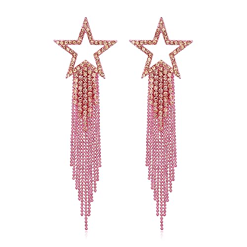 EVER FAITH Crystal Long Waterfall Star Tassel Clip-on Earrings for Women | Rhinestone Beaded Fringe Chandelier Dangle Statement Earring, Wedding Party Jewelry - color: Hot Pink Pink-Tone