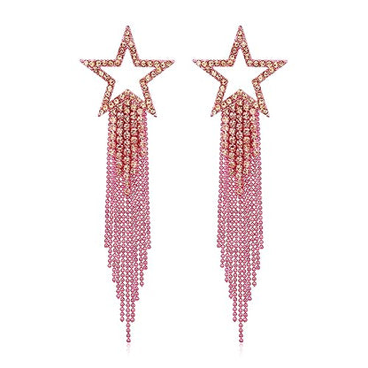 EVER FAITH Crystal Long Waterfall Star Tassel Clip-on Earrings for Women | Rhinestone Beaded Fringe Chandelier Dangle Statement Earring, Wedding Party Jewelry - color: Hot Pink Pink-Tone