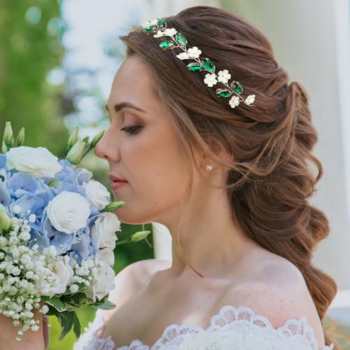 Bridal Crystal Flower Headband Wedding Rhinestone Pearl Floral Hair Vine Headpiece Accessories for Women Girls (Green Crystal Silver Vine) - color: Green Crystal Silver Vine