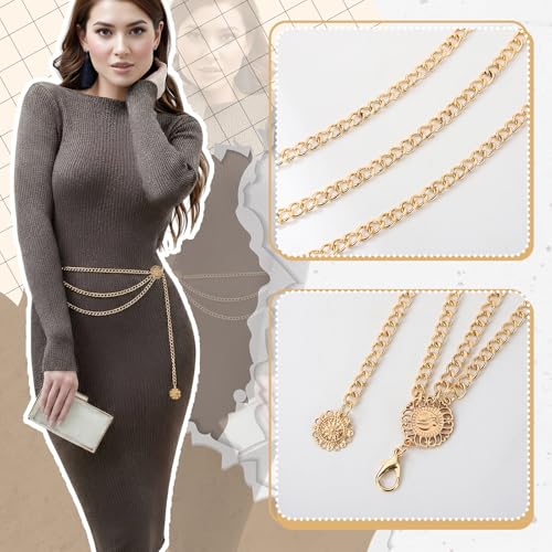 3Pcs Layered Waist Chains for Women Boho Festival Costume | Sunflower Butterfly Belts, Adjustable Fashion Accessories, Western Style, Party Hip Chain Belt - style: Fashionable Gold Retro