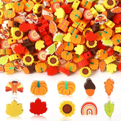 Fall Polymer Clay Beads for Thanksgiving Jewelry Bracelet Making | 8mm Autumn Polymer Clay, Ideal for Holiday Crafts, DIY Thanksgiving Festive Jewelry, 300Pcs Maple Leaf Pumpkin Turkey Shapes - color: Autumn Color