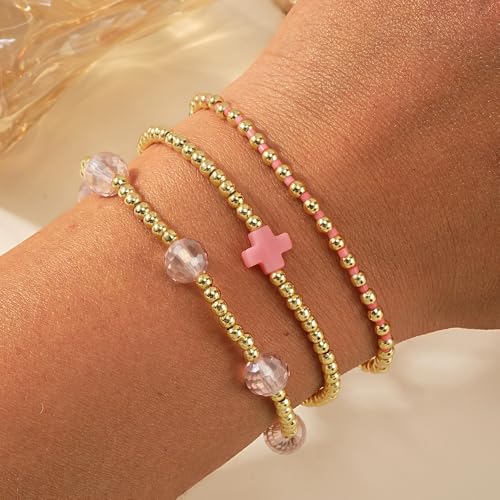 14K Gold Plated Beaded 3Pcs Stack Bracelets for Women, Dainty Trendy Freshwater Stackable Pearl Paperclip Cross Chain Gold Balls Stretch Accessories Jewelry Vacation Gift - color: pink