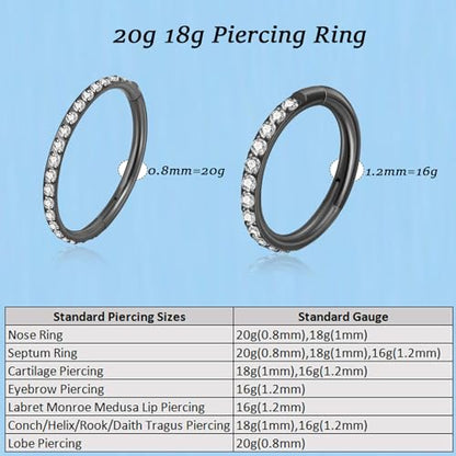 Lantine G23 Titanium Nose Rings Hoops Seamless Clicker Cz Nose Septum Piercings Rings Cute Diamond Hinged 16g 20g Cartilage Conch Daith Helix Tragus Piercing Jewelry - color: Black, size: 20g 6mm