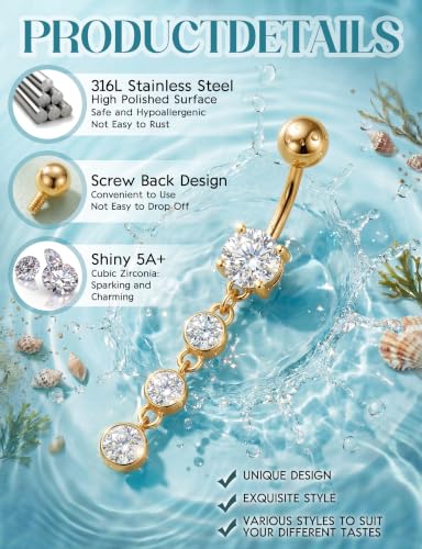 ORAZIO Gold Belly Button Ring Dangle Hypoallergenic Surgical Stainless Steel Belly Rings for Women 14G Belly Button Piercing Cute Navel Ring Belly Piercing Jewelry - color: Gold