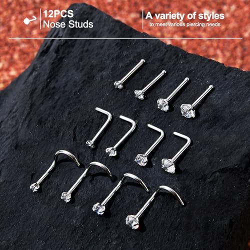 20G/18G Nose Studs Stainless Steel Nose Piercing Nose Ring Set I L S Shape Body Piercing Nose Hoop Ring for Women Men - color: D-12PC-Silver