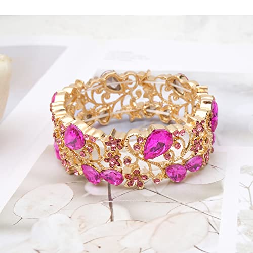 CSY Elegant Crystal Costume Jewelry Sets Flower Bridal Necklace Earrings Stretch Bangle Set for Bride Bridesmaid Wedding Dress Accessories - color: hot pink crystal-gold tone
