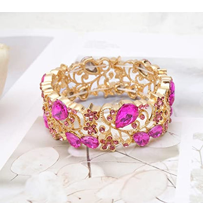 CSY Elegant Crystal Costume Jewelry Sets Flower Bridal Necklace Earrings Stretch Bangle Set for Bride Bridesmaid Wedding Dress Accessories - color: hot pink crystal-gold tone