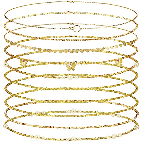 Lenwen 10 Pcs Summer Beach Belly Chain Adjustable Waist Multi Layered Chain Waist Jewelry for Women Girls Multilayer Body - color: Gold, style: Cute Style
