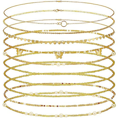Lenwen 10 Pcs Summer Beach Belly Chain Adjustable Waist Multi Layered Chain Waist Jewelry for Women Girls Multilayer Body - color: Gold, style: Cute Style