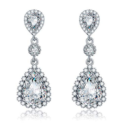 Teardrop Dangle Earrings for Wedding - Sparkly Sterling Silver Cubic Zirconia Crystal Rhinestone Drop Earrings Pierced Austrian Style Hypoallergenic Earrings Womens Bridal Jewelry - style: Teardrop Earrings (Silver)