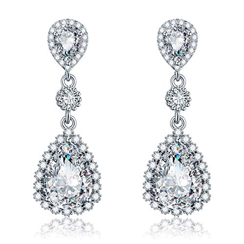 Teardrop Dangle Earrings for Wedding - Sparkly Sterling Silver Cubic Zirconia Crystal Rhinestone Drop Earrings Pierced Austrian Style Hypoallergenic Earrings Womens Bridal Jewelry - style: Teardrop Earrings (Silver)