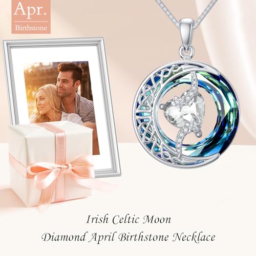 TOUPOP Birthstone Necklace Women Sterling Silver Moon Star Birthday Jewelry | Celtic Moon Pendant with Blue Crystal Anniversary Christmas Jewelry Gifts for Wife Mom Her - color: A-04-Synthetic Diamond
