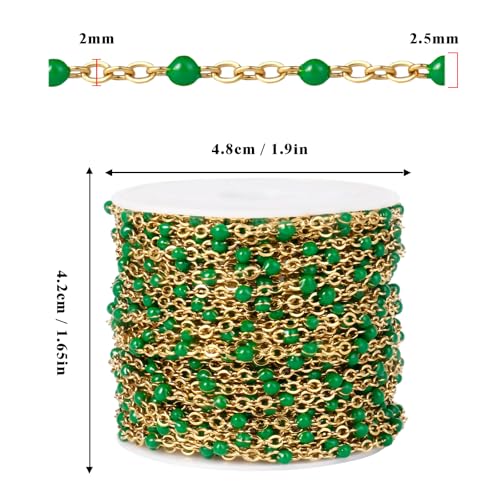 33FT 2mm Gold Cable Chains Green Enamel Chains Bulk Roll for Jewelry Making | 18K Gold PVD Plated Stainless Steel Enamel Beaded Chains Roll for Necklace Bracelet - color: Gold Green Beads