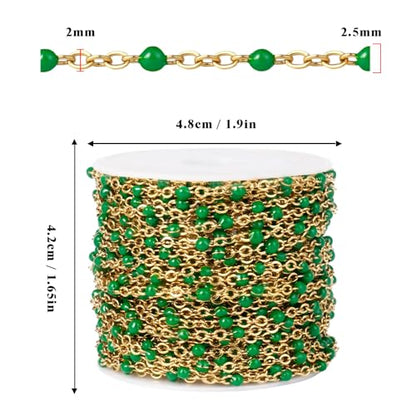 33FT 2mm Gold Cable Chains Green Enamel Chains Bulk Roll for Jewelry Making | 18K Gold PVD Plated Stainless Steel Enamel Beaded Chains Roll for Necklace Bracelet - color: Gold Green Beads