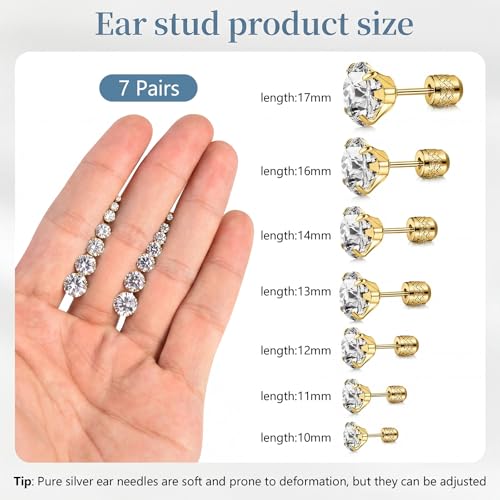 7 Pairs 20G Stainless Steel Stud Earrings Set Cubic Zirconia CZ Earrings Multi Size 2mm-8mm - color: golden, size: Leisure