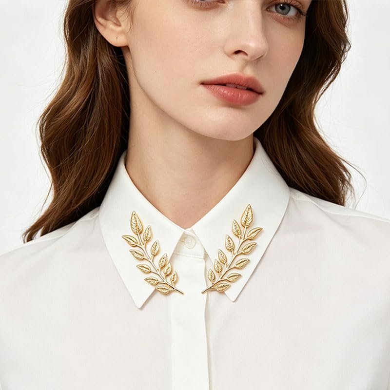 5 Pairs Retro Hollow Pattern Shirt Collar Brooches For Women And Men Gold Plated Triangle & Simple Elegant Double Leaf Collar Pin Brooches Gold Silver Plant Brooch Jewelry - style: Gold leaf