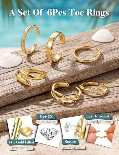 Subiceto 6 Pcs 14K Gold Filled Toe Rings for Women Non Tarnish Dainty Open Adjustable Toe Ring Set Stackable Cz Hypoallergenic Beach Summer Foot Jewelry for Women - color: wide 14k gold plated
