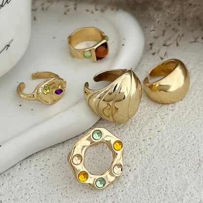 5Pcs Chunky Gold Rings for Women,Stackable Large Dome Knuckle Rings,Thick Gold Crystal Finger Rings Set Trendy Jewelry - color: Golden