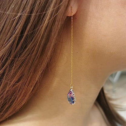 WANGGAO Stainless Steel Water Drop Long Chain Earrings for Women Linear Crystal Threader Earrings Jewelry - color: Blue