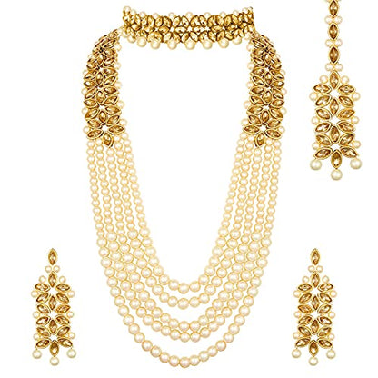 Aheli Wedding Party Wear Bridal Jewellery Choker Long Pearl Necklace Earrings Maang Tikka Indian Traditional Set Gift for Women - color: Champagne
