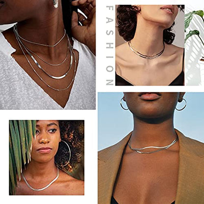 ChainsHouse Flat Snake Chain Herringbone Choker Necklace for Women, Stainless Steel/Rose Gold/18K Gold Plated Dainty Adjustable Simple Short Layered Necklaces, 12"/15"/18" with 3.5" Extender - color: a. stainless-3mm