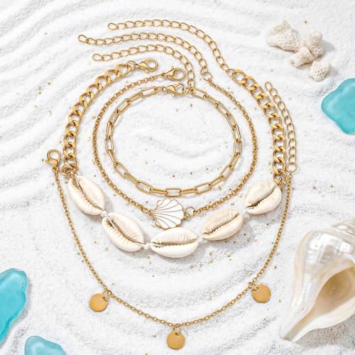 Sea Shell Starfish Anklet with Pearl Charms, Layered Heart Beach Statement Chunky Ankle Bracelet, Gold Tone Chain - color: Gold C