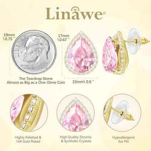 Linawe Women Stud Earrings, Teardrop Diamond Moissanite Cubic Zirconia Earrings Studs Rhinestone Jewelry Gold/Silver/Rose Gold - color: Gold,June,Oct